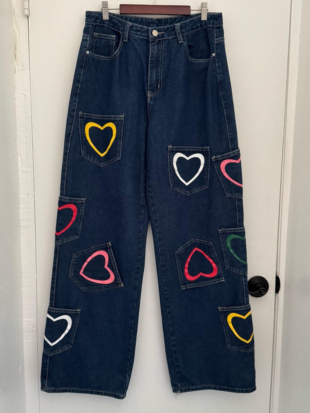 SHEIN Dark Blue Wide-Leg Jeans with Multicolor Heart Patches